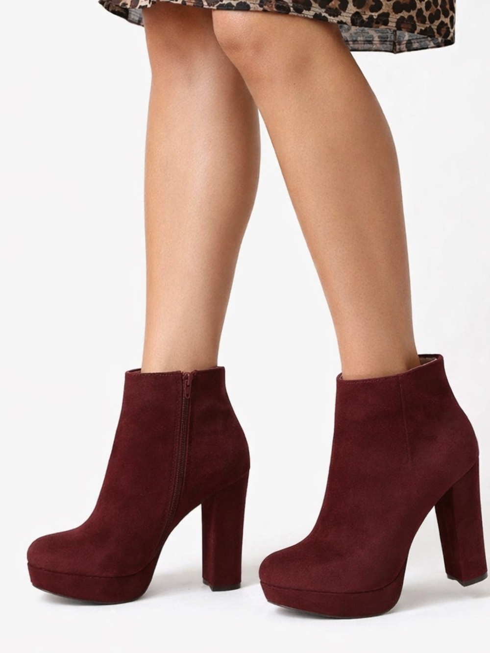 Women's Burgundy Platform Ankle Boots - Chunky Heel